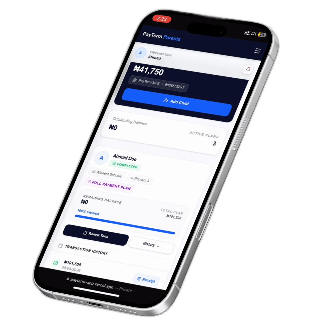 PayTerm Parent Dashboard showing wallet balance